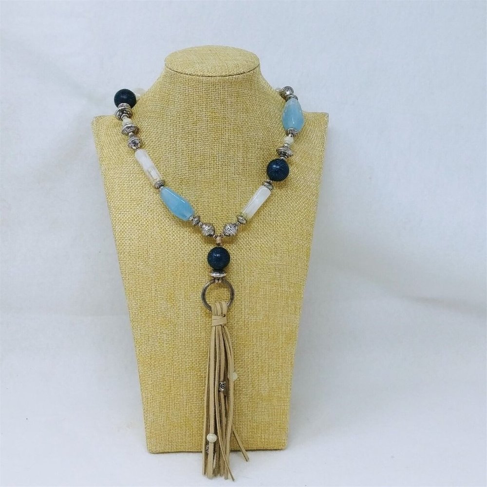 Chico's Necklace with Tassel Silver Tone Beads Blue Clear Stones 28-32"